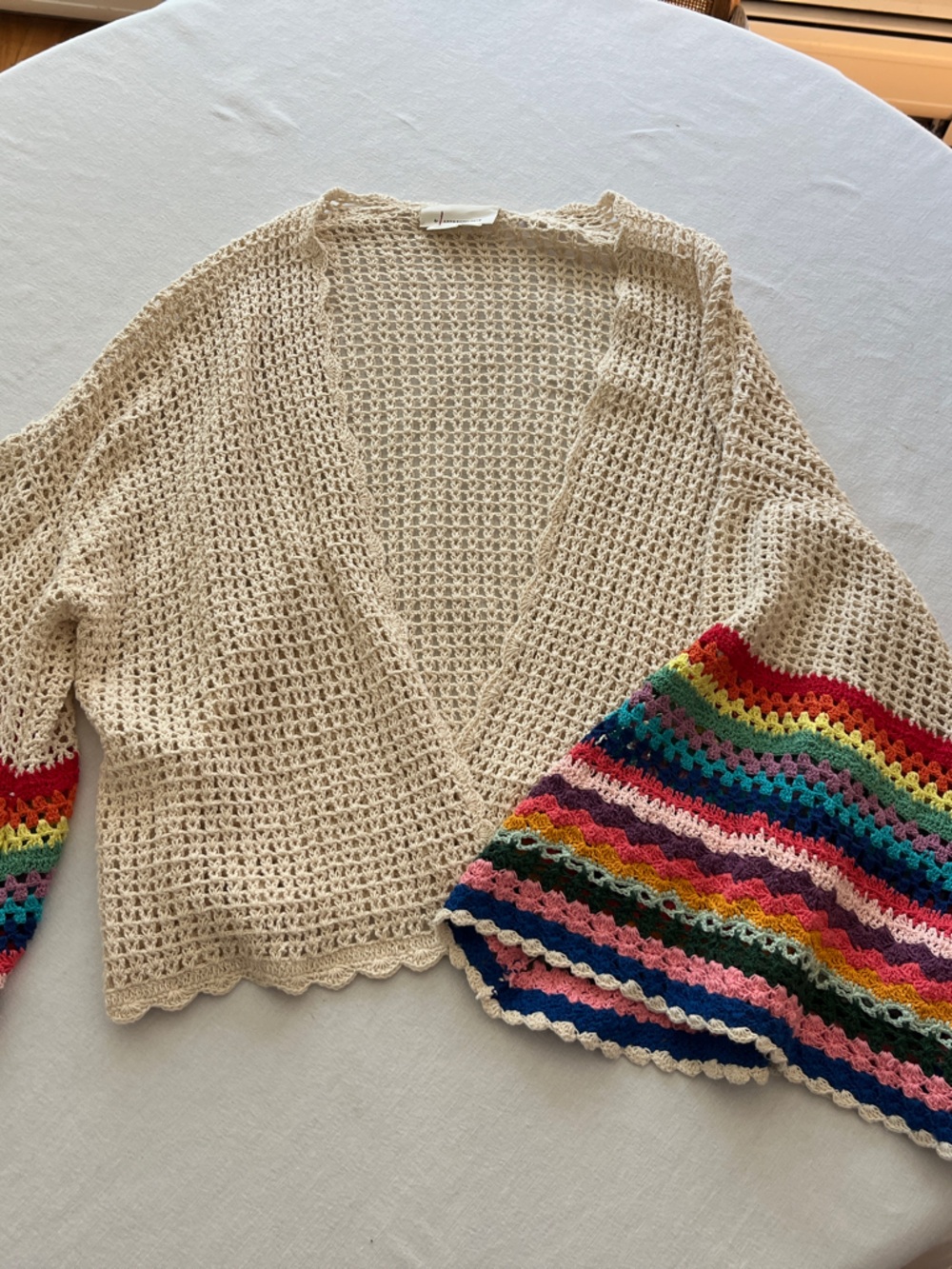 Anthropologie Cream Crochet Sweater with Multicolor Stripe Sleeves
